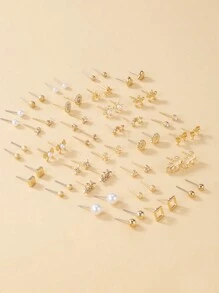 1set/30pairs Fashionable Crystal Flower, Leaf, Faux Pearl & Heart Shaped Stud Earrings Set, Elegant Metal Gift Jewelry For Daily Wear Valentines,Mom,Mother,Mother's Day,Gift