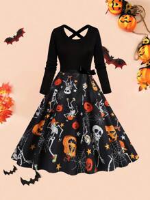 万圣节南瓜骷髅印花十字结高腰拼接长袖 A 字裙配蝴蝶结 - 橘色 - 查看 1