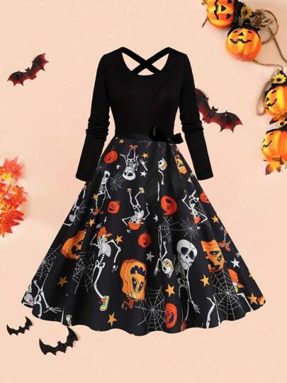 万圣节南瓜骷髅印花十字结高腰拼接长袖 A 字裙配蝴蝶结