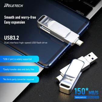 Reletech 1 Stück USB3.2 & Typ-C Metall USB Stick Speichermedium Hochgeschwindigkeits-Übertragung USB-C Thumb Drive für Telefon, iPad Pro, Galaxy Telefon, PC, 32/64/128GB