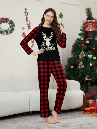 Christmas Deer Horn Pattern Patchwork Print Grandma Plaid Nightwear Set For Women, Includes Decorative Lights