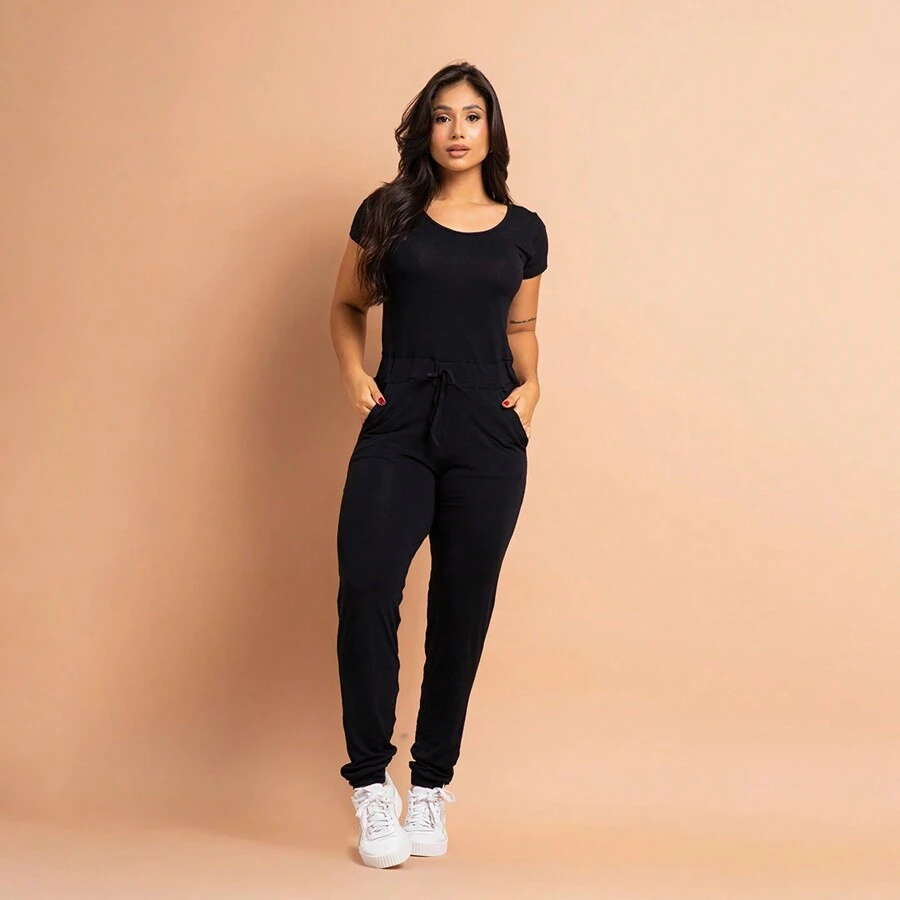 Women's Casual Long Jumpsuit Short Sleeve Side Pockets Women's Jumpsuit - 黑色 - 查看 1