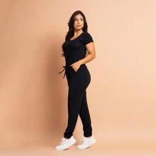 Women's Casual Long Jumpsuit Short Sleeve Side Pockets Women's Jumpsuit - 黑色 - 查看 2