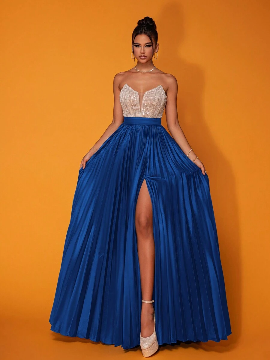 Women's Sequins Patchwork Contrast Color Pleated Slit Hem Strapless Luxe Party Dress, Elegant Semi Formal Prom Dress, For Birthday, Wedding Guest, Graduation Homecoming - Royal Blue - View 1