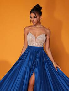 Women's Sequins Patchwork Contrast Color Pleated Slit Hem Strapless Luxe Party Dress, Elegant Semi Formal Prom Dress, For Birthday, Wedding Guest, Graduation Homecoming - Royal Blue - View 6