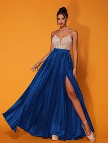Women's Sequins Patchwork Contrast Color Pleated Slit Hem Strapless Luxe Party Dress, Elegant Semi Formal Prom Dress, For Birthday, Wedding Guest, Graduation Homecoming - Royal Blue - View 3
