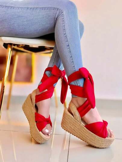 SHEIN ALPARGATAS DE TACON CUÑA BAJO CON CORDONES AL TOBILLO MODA MUJER SANDALIAS DE YUTE