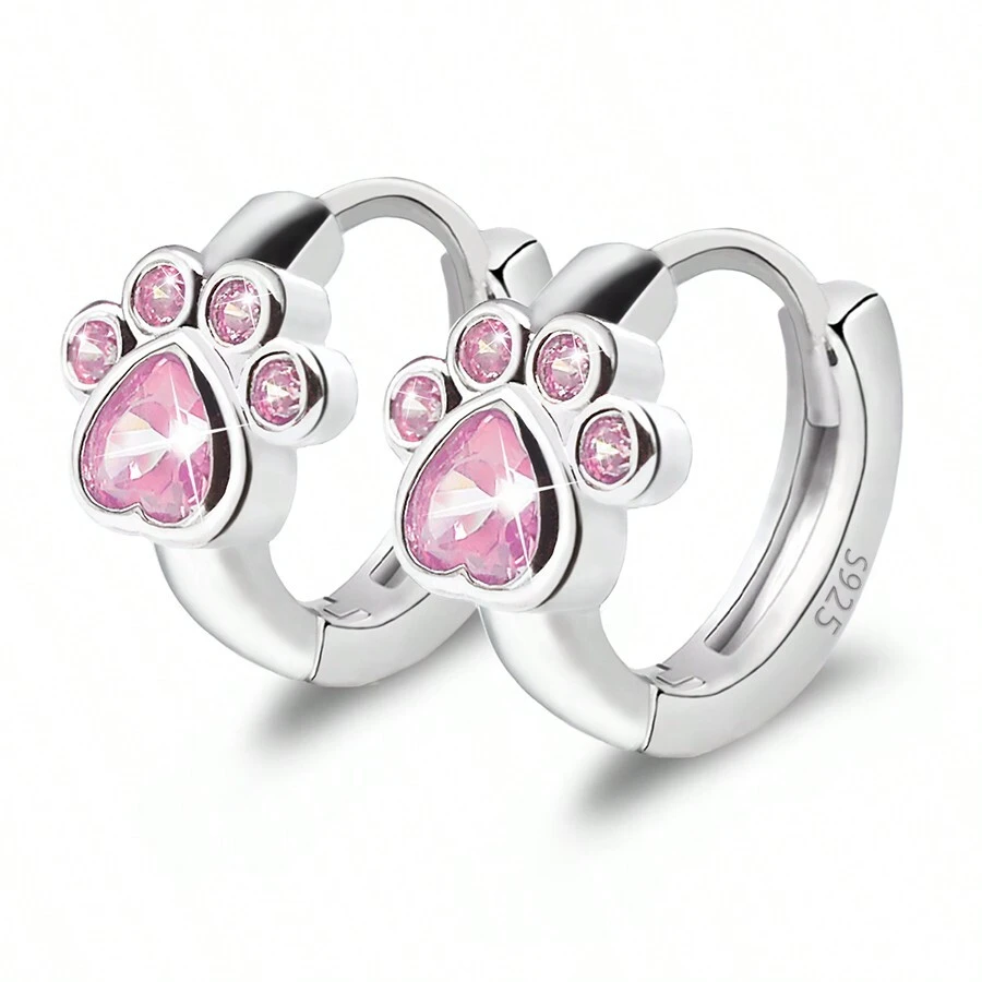 Hypoallergenic Dog Paw Cubic Zirconia Earrings, Suitable For Teens, Girls & Women, Cute Animal Stud Earrings, Birthday Gift - Pink - View 1