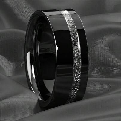 1pc Fashion 8mm Black/Blue Stainless Steel Rings For Men Vintage Silver Color Meteorites Inlaid Promise Ring Men Wedding Band Jewelry Gift