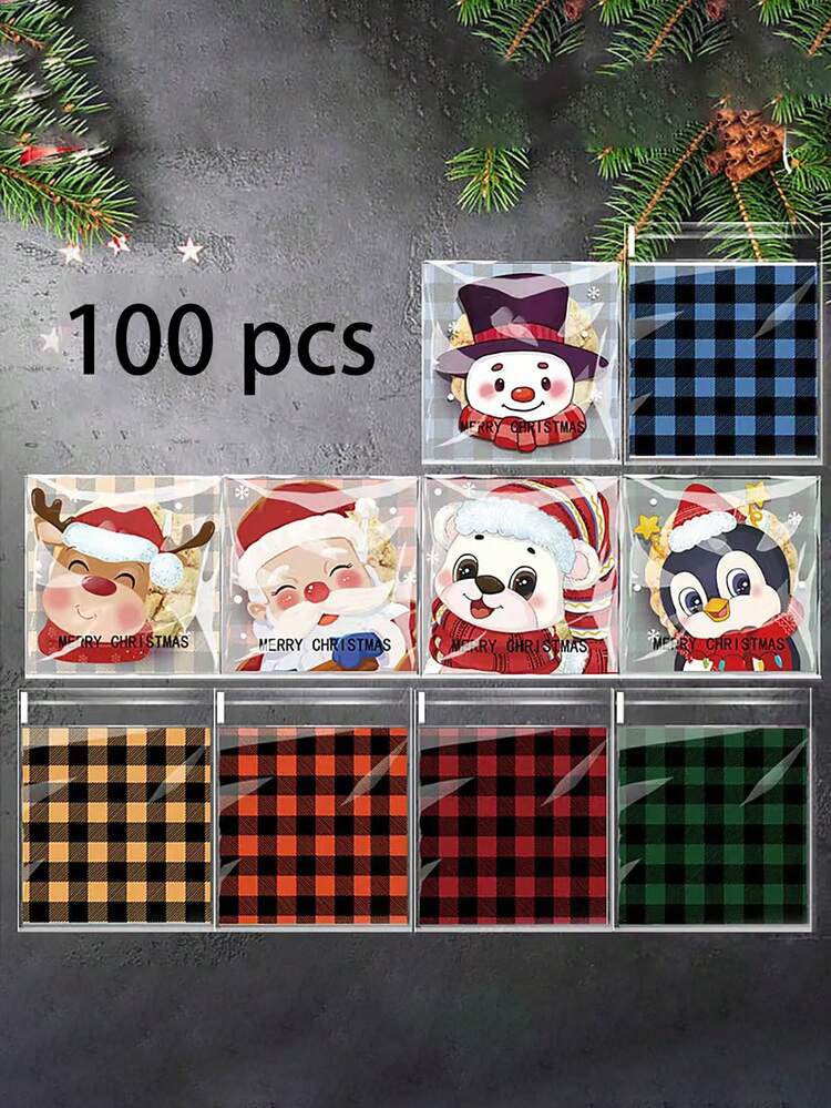 100 个圣诞圣诞老人、雪花设计拉链塑料袋，用于饼干、糖果、礼品包装圣诞装饰品圣诞装饰圣诞礼物圣诞包装纸圣诞派对用品圣诞礼品袋圣诞袋圣诞贴纸 - 彩色 - 查看 4