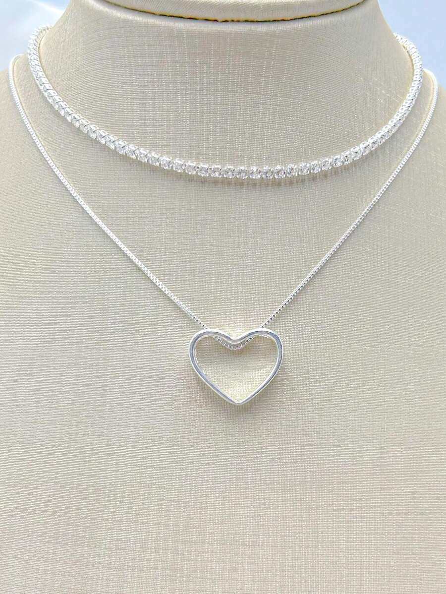 KIT 2 Choker Riviera Crystal + Women's Hollow Heart Necklace In 925 Silver Plated - Tyfanny Type - Bạc - Xem 1