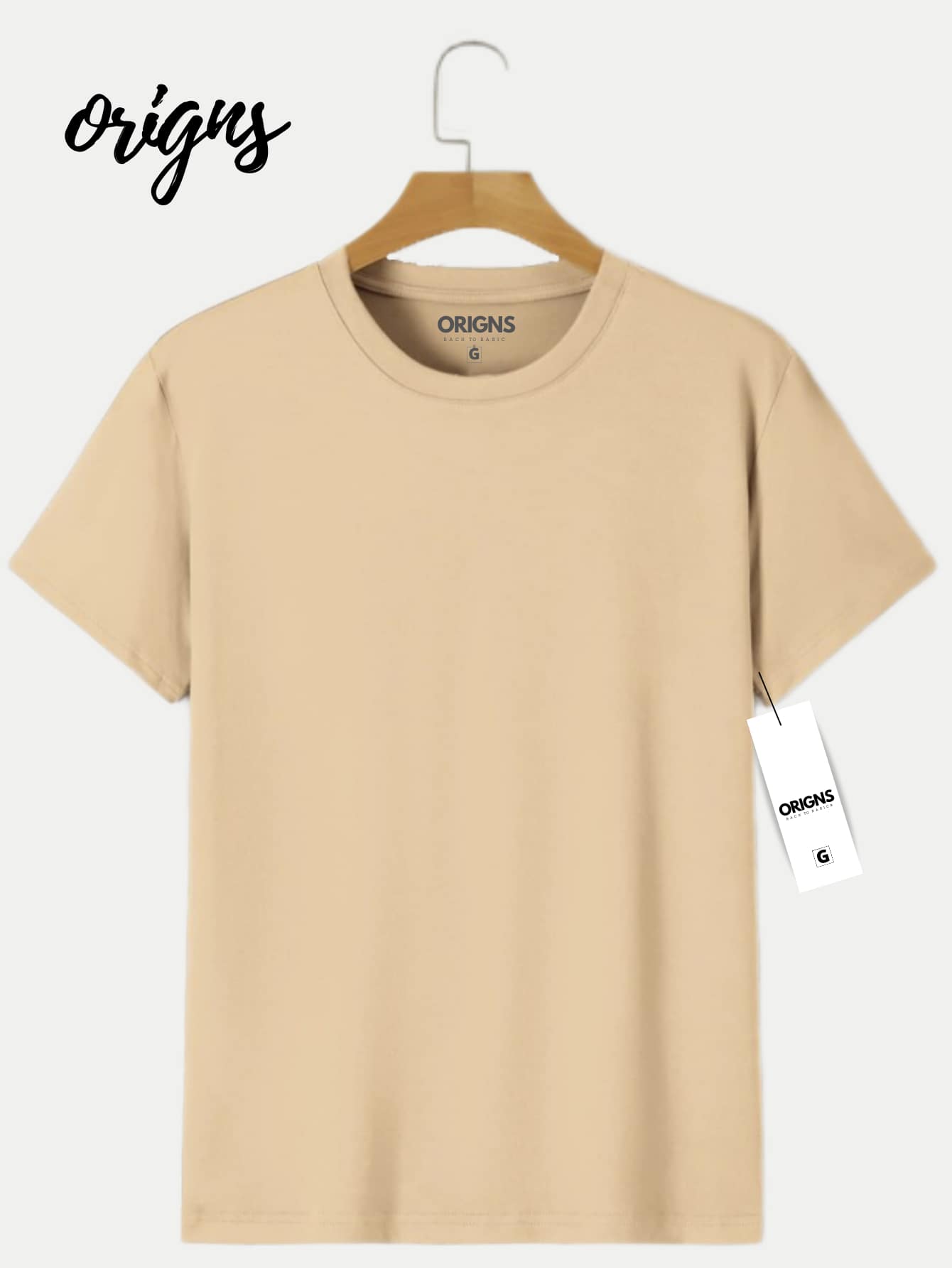 Men's Basic Plain Short Sleeve Cotton T-Shirt Colors ORIGNS - Khaki - View 1