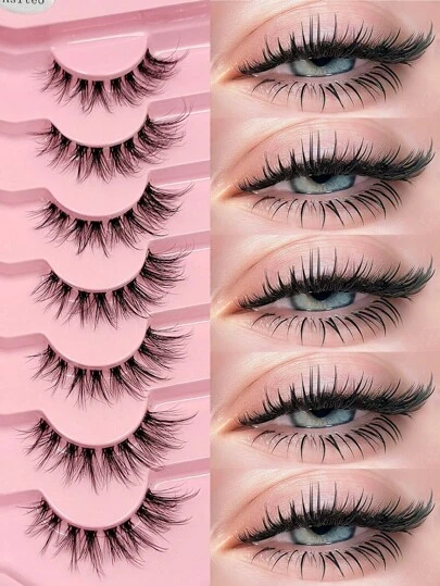  7对Asiteo自然轻盈猫眼假睫毛，透明睫毛梗，细条假睫毛