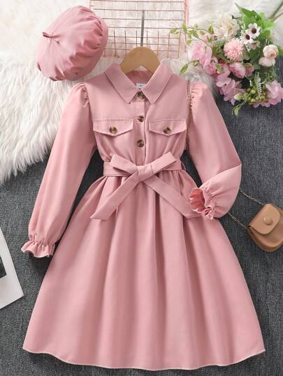 1set Tween Girl Long Sleeve Solid Color Polo Collar Dress With Belt And Hat