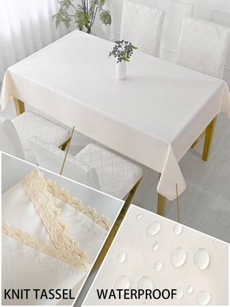 1pc Non-Slip & Waterproof Tablecloth, TPU Coated Solid Color Dining/Conference Table Cover, Suitable For Desk, Rectangular Modern Style Picnic Mat With Tassel Fringe