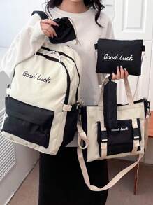 5 Pieces Solid Color High School Student Backpack Set, High Capacity Stylish Rucksack, Includes Backpack, Pencil Case, Wallet And More - Black and White - View 1