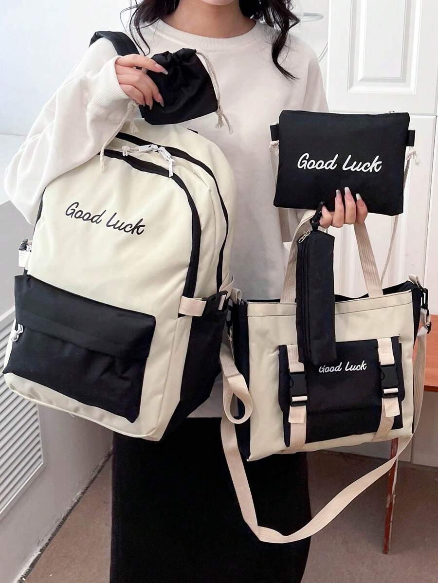 5 Pieces Solid Color High School Student Backpack Set, High Capacity Stylish Rucksack, Includes Backpack, Pencil Case, Wallet And More - Black and White - View 1