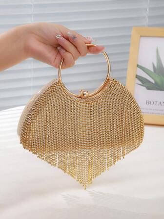 1 件经典水钻装饰流苏晚宴包，闪亮迷人优雅水钻装饰圆形腕带手拿包，奢华水钻新娘包，适合参加婚礼的时尚女性，与女士派对礼服完美搭配，时尚派对包，非常适合派对、婚礼、舞会、晚宴/宴会，迷人的水钻包