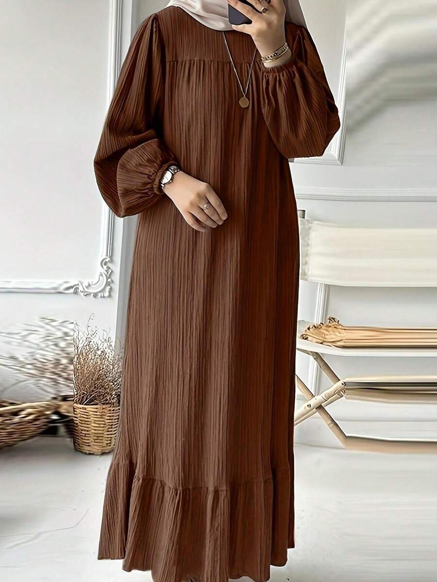 Women Spring Autumn Vintage Modest Long Sleeve Dress, Puff Sleeve, Pockets, Ruffle Hem - Coffee Brown - View 1