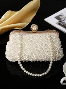 1 pezzo Pochette artigianale in perle - Elegante, raffinata, di lusso, portatile, leggera, in perle sintetiche, di colore unito, affascinante, per eventi serali, matrimoni e spose, abiti, accessorio per Qipao, regalo per insegnanti e studenti universitari, borsa a tracolla, borsa glamour con strass