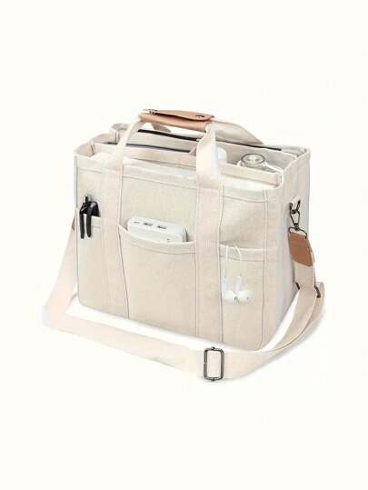 新款时尚大容量女士手提包，多口袋休闲单肩斜挎包，帆布材质，百搭母婴包，带可拆卸内袋和色块