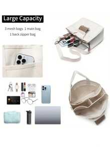 New Fashion Large Capacity Women Tote Bag, Multi-Pocket Casual Shoulder Crossbody Handbag, Canvas Material, Versatile Mother/ Bag With Detachable Inner Pouch And Color Block - Beige - View 6