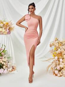 ADYCE One Shoulder Bowknot Pleated Front Slit Open Back Formal Cocktail Party Dress, Elegant Prom Semi Formal Dress, For Birthday, Wedding Guest, Graduation, Dinner, Homecoming - Pink - View 4