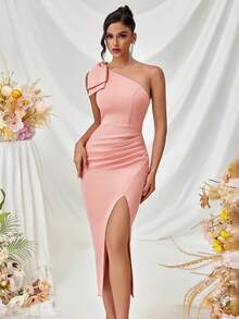 ADYCE One Shoulder Bowknot Pleated Front Slit Open Back Formal Cocktail Party Dress, Elegant Prom Semi Formal Dress, For Birthday, Wedding Guest, Graduation, Dinner, Homecoming - Pink - View 2