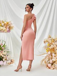 ADYCE One Shoulder Bowknot Pleated Front Slit Open Back Formal Cocktail Party Dress, Elegant Prom Semi Formal Dress, For Birthday, Wedding Guest, Graduation, Dinner, Homecoming - Pink - View 7