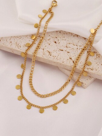 1pc Stainless Steel Chain Anklet For Women Round Tassel Double Layer Ankle Bracelet On Leg Foot Beach Jewelry Gift