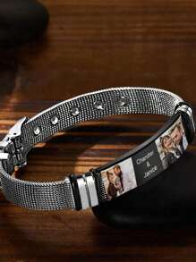 Custom Photo Engraved Name Bracelet, Personalized Stainless Steel Adjustable Picture Image Bracelet, Unique Jewelry Gift For Anniversary And Birthday - Black - View 5