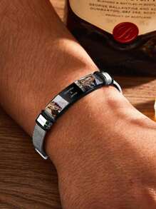 Custom Photo Engraved Name Bracelet, Personalized Stainless Steel Adjustable Picture Image Bracelet, Unique Jewelry Gift For Anniversary And Birthday - Black - View 3