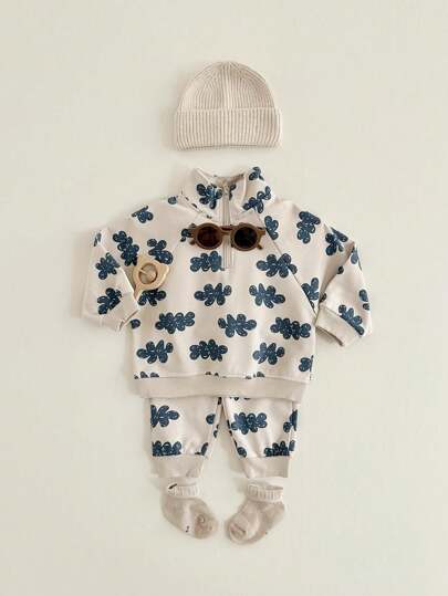 2 件套男婴树叶和云朵全印花长袖半拉链上衣和运动裤套装，秋冬