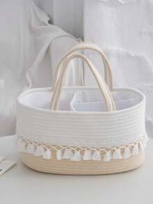 1 件 36 厘米 X 22 厘米 X 18 厘米便携式尿布盒，带可拆卸隔板，流苏设计柔软编织面料，包括方便携带的手柄，多功能收纳盒，用于存放尿布、湿巾、纸巾、婴儿用品，非常适合托儿所组织和新父母礼物 - 香檳色 - 查看 1