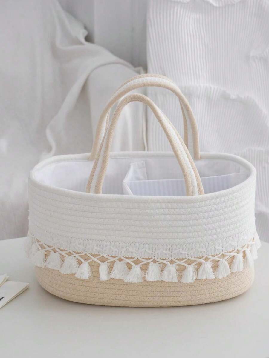 1 件 36 厘米 X 22 厘米 X 18 厘米便携式尿布盒，带可拆卸隔板，流苏设计柔软编织面料，包括方便携带的手柄，多功能收纳盒，用于存放尿布、湿巾、纸巾、婴儿用品，非常适合托儿所组织和新父母礼物 - 香檳色 - 查看 1