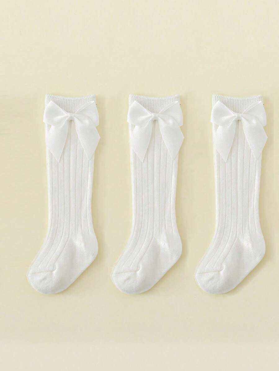 3 Pairs Girls White Bow Decor Ribbed Knee High Socks, Suitable For School Uniform With Elementary & Middle School Students