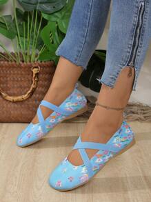 Flat Round Toe Fashion Butterfly Flower Casual Slip-On Loafers For Women, Elastic Strap, Breathable