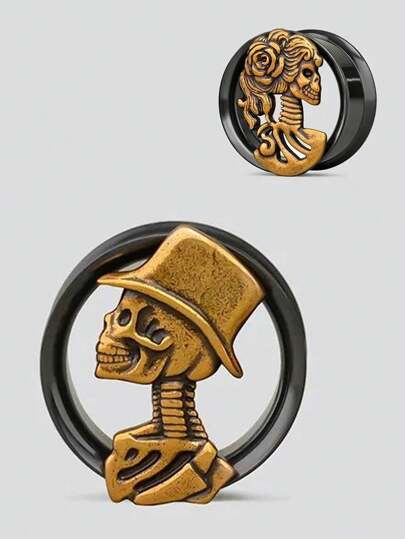 1 pieza Túneles para orejas con ojales, medidores a juego con calavera de hombre y mujer para orejas, tapones con tornillo de rosca para estirar