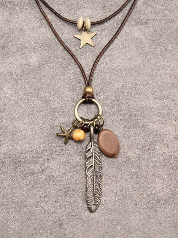 1pc Turquoise Feather Pendant Necklace For Women, Vintage Style Brown Beaded Wax Cord Necklace