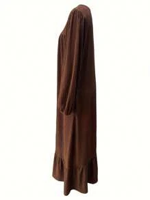 Women Spring Autumn Vintage Modest Long Sleeve Dress, Puff Sleeve, Pockets, Ruffle Hem - Coffee Brown - View 5