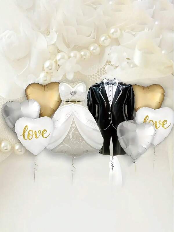 Set de 2 piezas/8 piezas de globos de holograma tamaño grande en forma de traje de novio y vestido de novia para decoración de boda, ceremonia de boda, San Valentín
