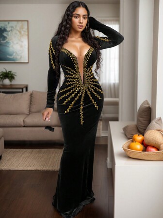 Kvinnor i enfärgad sexig strass långärmad Bodycon-klänning, elegant högtidlig aftonklänning, för bröllopsgäster, examen, festklänning