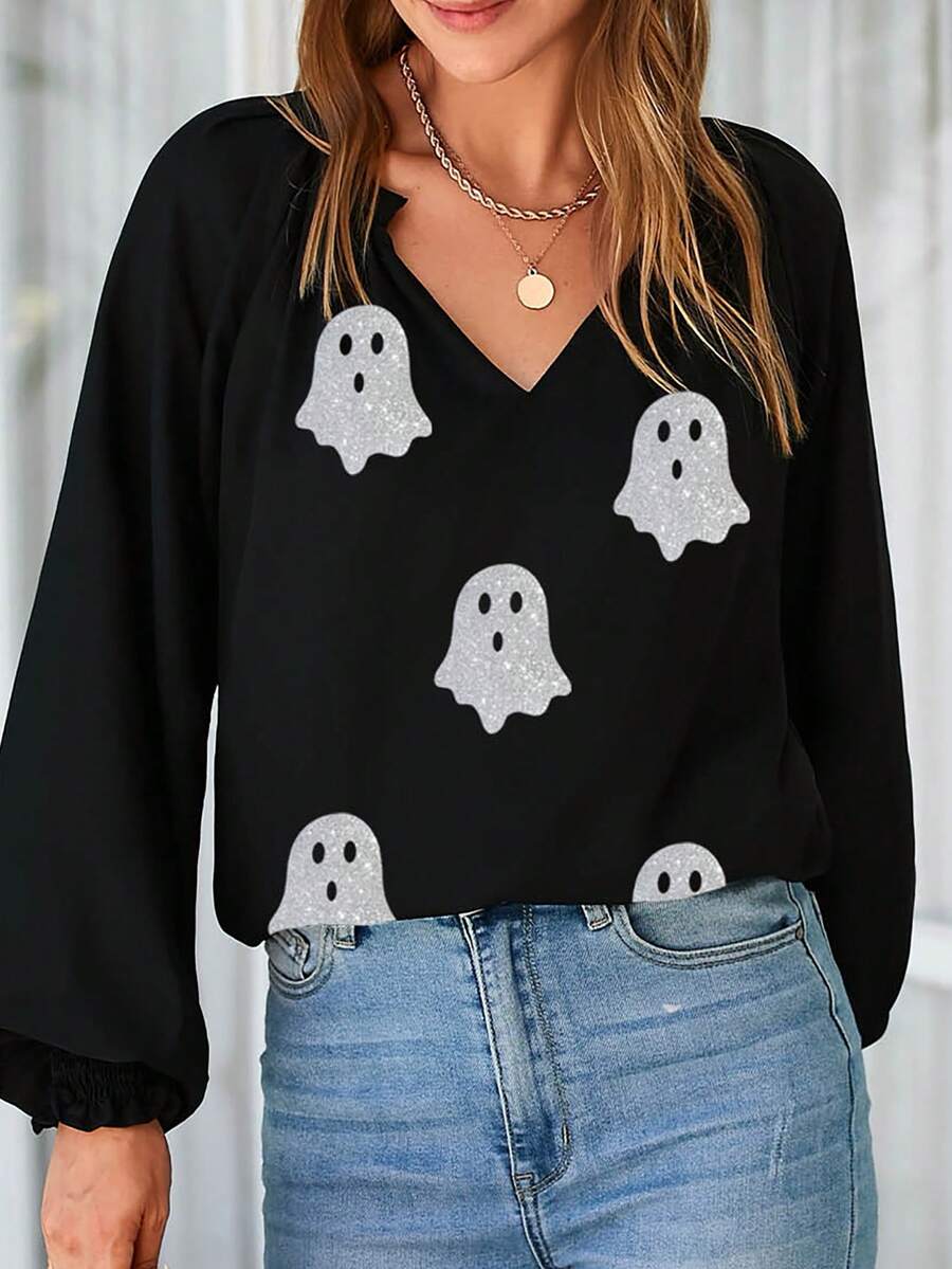 Sequined Halloween Ghost Print Notched Neckline Lantern Sleeve Blouse - Black - View 1