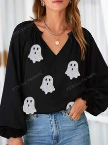 Blouse à manches lanternes avec col cranté, imprimé fantôme pailleté pour Halloween