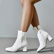 Women's GoGo Ankle Boots Square Toe Side Zipper Chunky Block Heel Mid Calf Low Heeled Short Booties - 白色 - 查看 7