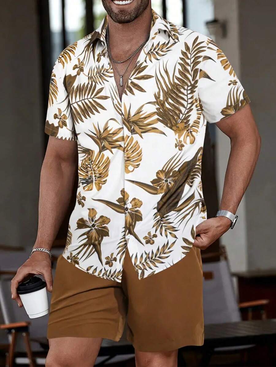 Bộ 2 món gồm áo polo nam in họa tiết hoa lá và quần short màu trơn, phong cách retro Mỹ thường ngày, trang phục mùa hè unisex, phù hợp mặc hàng ngày, dáng rộng thoải mái, trang phục nghỉ hè. - màu nâu - Xem 1