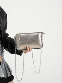 Ladies' Vintage Gun Color Faux Metallic Commute Envelope Crossbody Bag,With Beaded Chain, Funky, Punk & Bag For Street Wear - Bronze - View 2