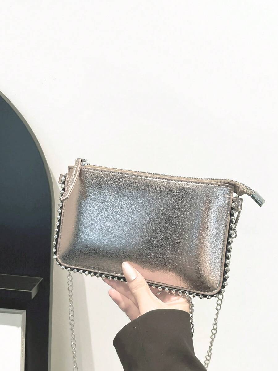 Ladies' Vintage Gun Color Faux Metallic Commute Envelope Crossbody Bag,With Beaded Chain, Funky, Punk & Bag For Street Wear - Bronze - View 1