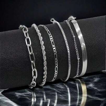 6pcs/Set Minimalist Design Bracelets Suitable For Men. Each Bracelet Is Made Of Metal Chains With Multiple Chain Layers. These Bracelets Have A Simple And Fashionable Design, Suitable For Pairing With Various Outfits, And Are A Choice. Suitable For Daily Wear Or As A Gift For Friends And Family. Fathers Day Gift School Jewelry Men Y2k Accessories Goth Men's Chains Jeans Accessories Gothic Jewellery Back To School Street Halloween Accessories Punk