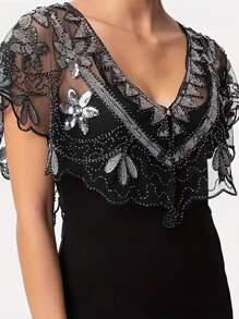 亮片刺绣花卉披肩，优雅透气网眼披肩，女士闪亮派对围巾